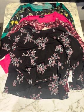 BCX Black Blouse with Pink Floral Print